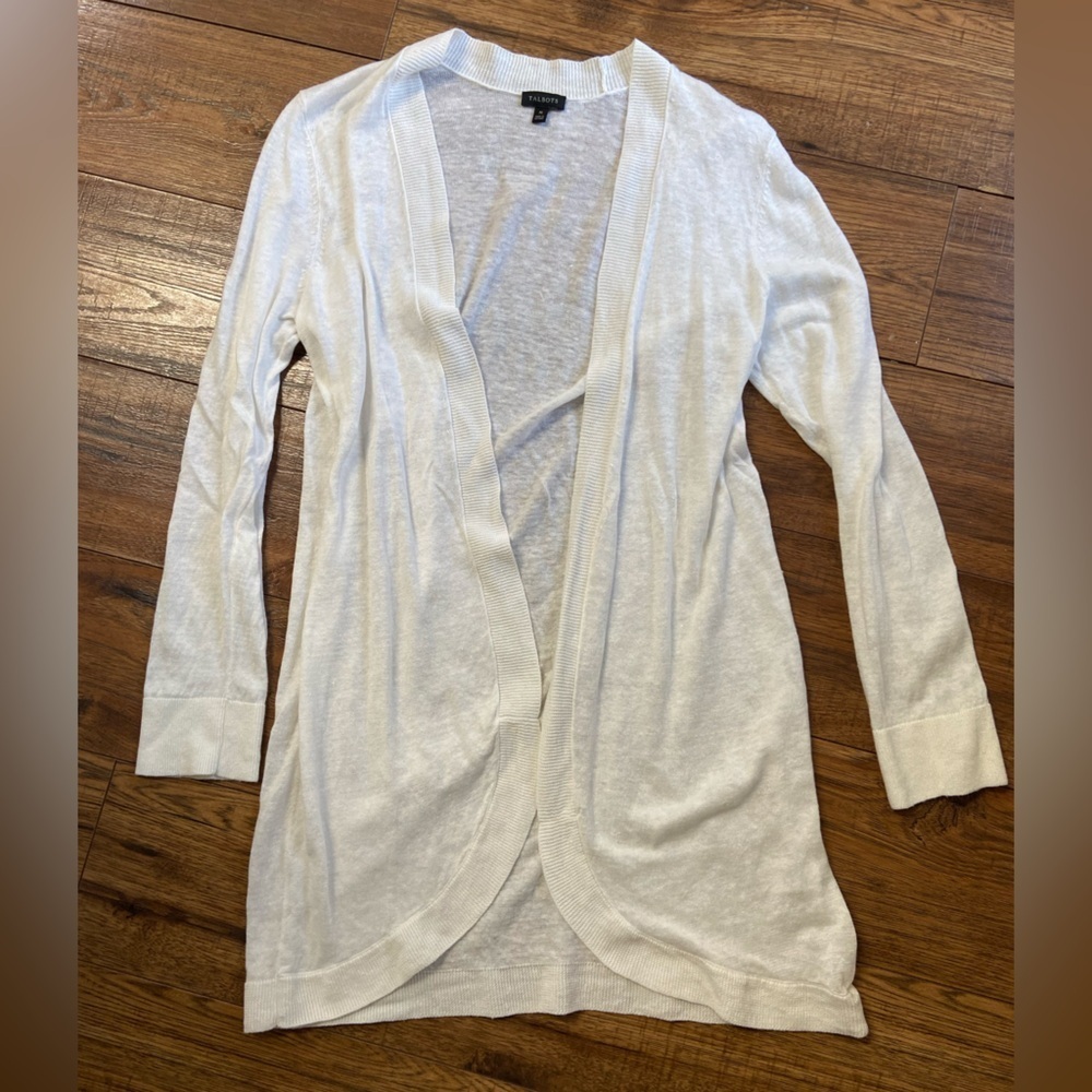 Talbots 100% Linen Open Front Long Lined Cardigan White  Sz M Curved Hem Breezy